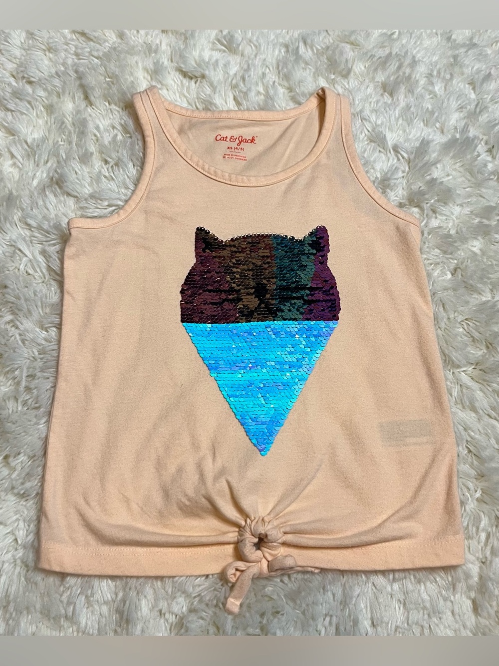Cat & Jack Girl’s Size XS 4/5 Peach Tank Top Sequin Cat Graphic Summer Vacation